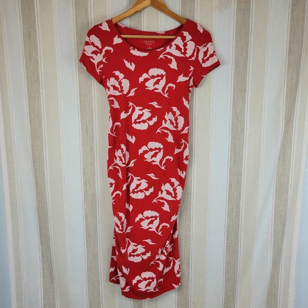 Isabel Maternity Floral Midi Dress Formfitting Red White Size Small